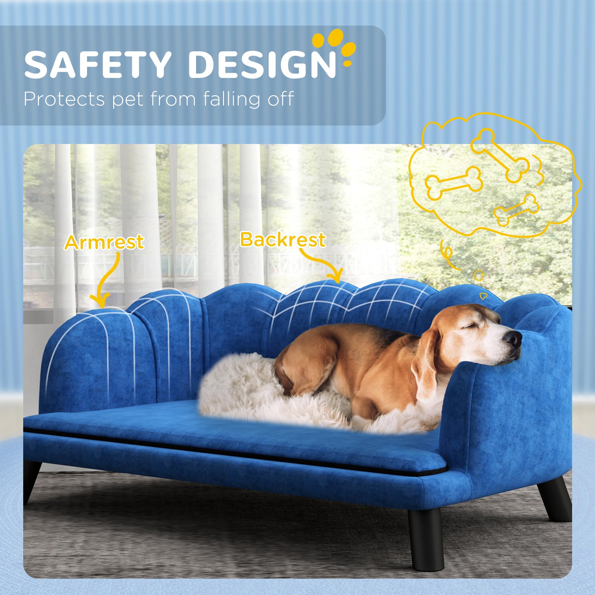 PawHut Velvet Large Dog Couch with Foam Cushion - Soft & Cute Dog Bed with Pearl Design for Medium & Big Dogs - Dark Blue Pet Sofa for Living Room, Bedroom & Pet-Friendly Spaces