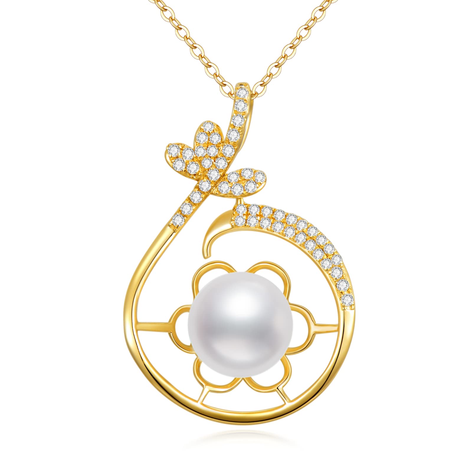 14K Yellow Gold Pearl Necklace for Women - 9mm Cultured Freshwater Pearl Pendant Jewelry, Elegant Gift for Birthday, Mother's Day (16+1+1 inch) - Perfect for Weddings, Anniversaries & Special Occasions