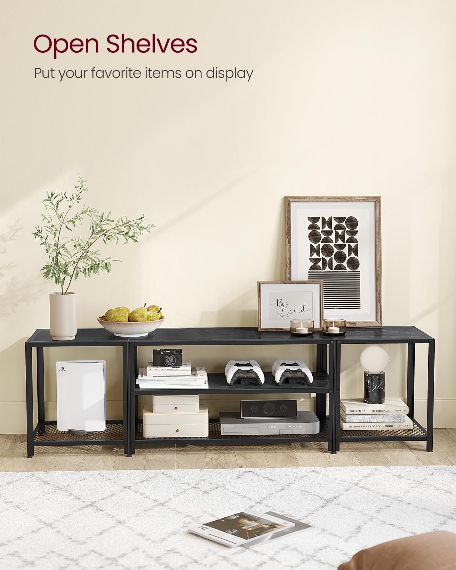 VASAGLE Modern TV Stand for TVs up to 75 Inches, 3-Tier Entertainment Center with Open Storage Shelves, Industrial TV Console Table - Black Wood Grain Finish ULTV098B22 | Perfect for Living Room, Bedroom, Home Theater & Office Setup