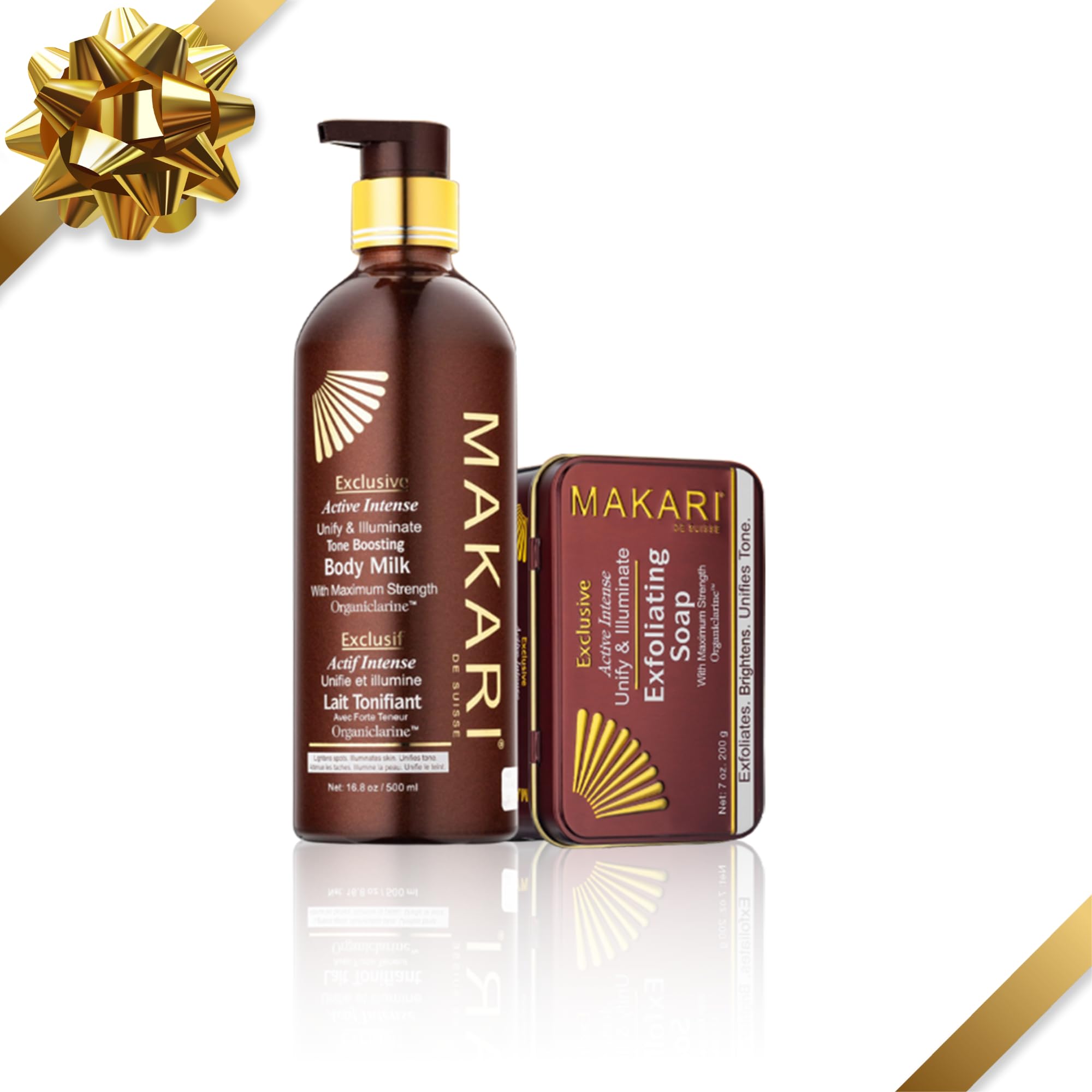 MAKARI Exclusive 2-Piece Skin Care Gift Set - Organic Body Toning Milk Lotion & Exfoliating Soap for All Skin Types | Self Care Kit with Free Makeup Bag | Perfect Women's Gift for Spa Day, Birthday & Mother's Day