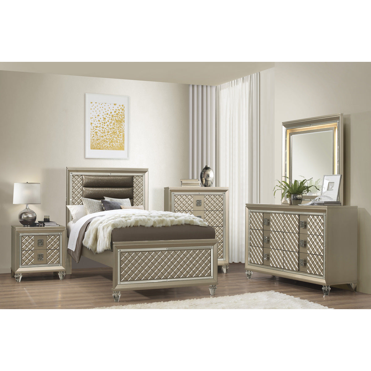 Elegant Champagne Metallic Nightstand with Embossed Drawer Fronts - Modern Bedside Table for Bedroom Decor, Perfect for Small Spaces & Apartment Living