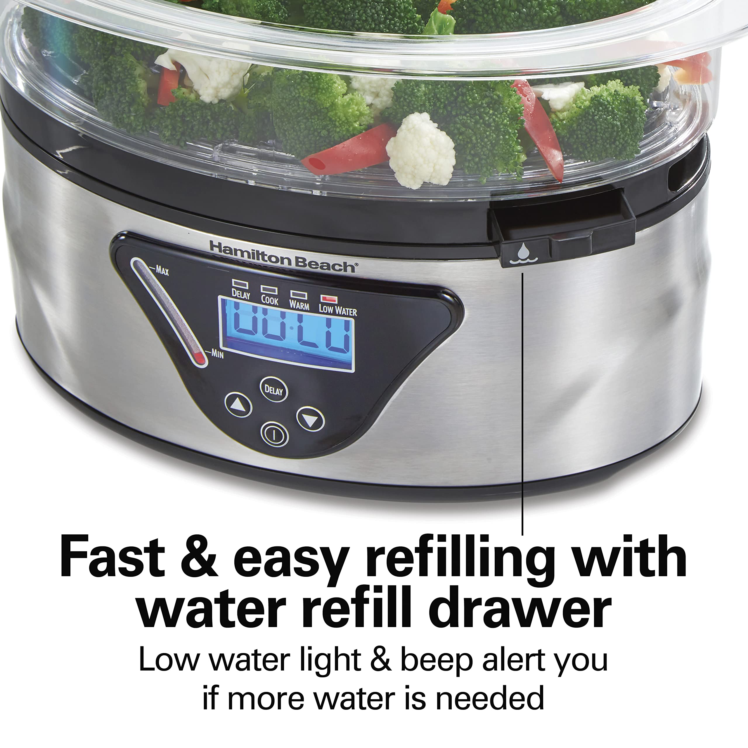 Hamilton Beach 8.25 Quart Digital Electric Food Steamer & Rice Cooker - 3-Tier Stackable Baskets for Vegetables, Seafood & Healthy Meals - Stainless Steel & Black - Perfect for Meal Prep, Dorm Cooking & Family Dinners