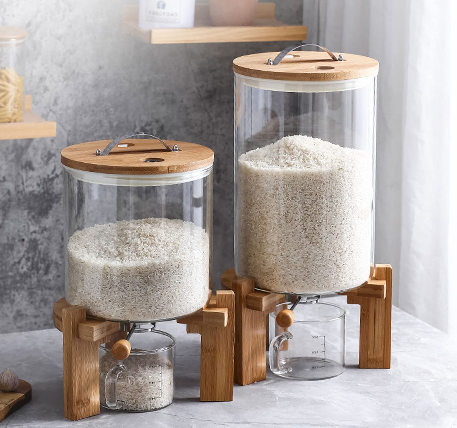 5L/8L Airtight Rice & Cereal Dispenser with Measuring Cup - Borosilicate Glass Countertop Storage Container for Kitchen, Dustproof & Moisture-Proof - Perfect for Pantry Organization & Bulk Food Storage