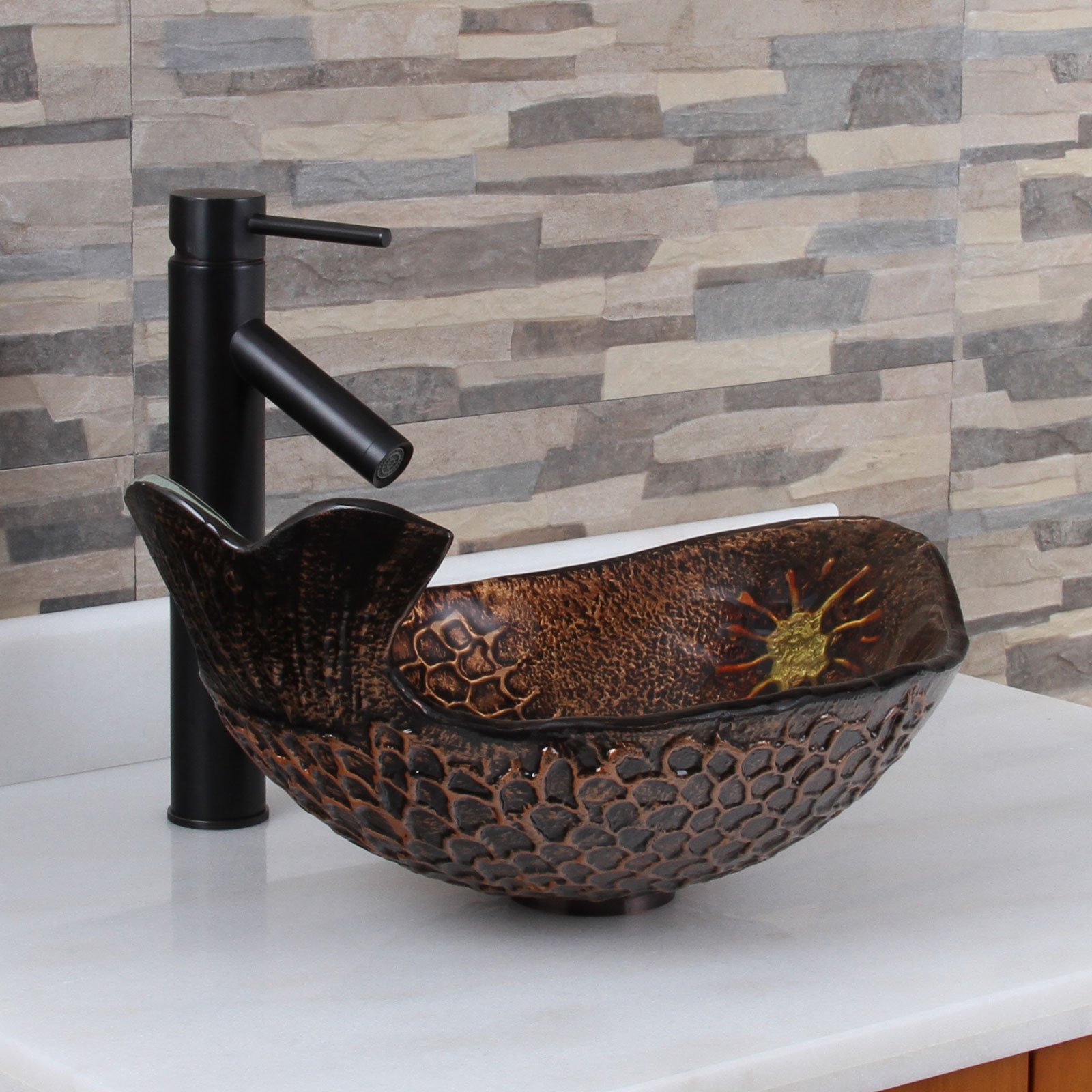 ELITE Atlantic Whale Pattern Tempered Glass Bathroom Vessel Sink with Oil Rubbed Bronze Single Lever Faucet - Modern Vanity Sink for Coastal, Nautical & Beach House Bathroom Decor