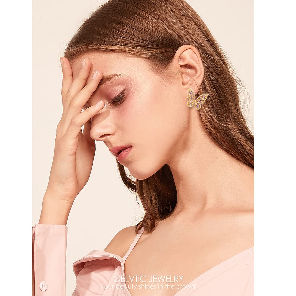 Sparkling Rhinestone Butterfly Bow Earrings for Women - 14K Gold Plated Cubic Zirconia Sterling Silver Dangle Earrings | Hypoallergenic Cute Jewelry for Valentine's Day, Prom, Wedding & Bridal Accessories | Perfect Gift for Mom, Girlfriend & Special Occasions