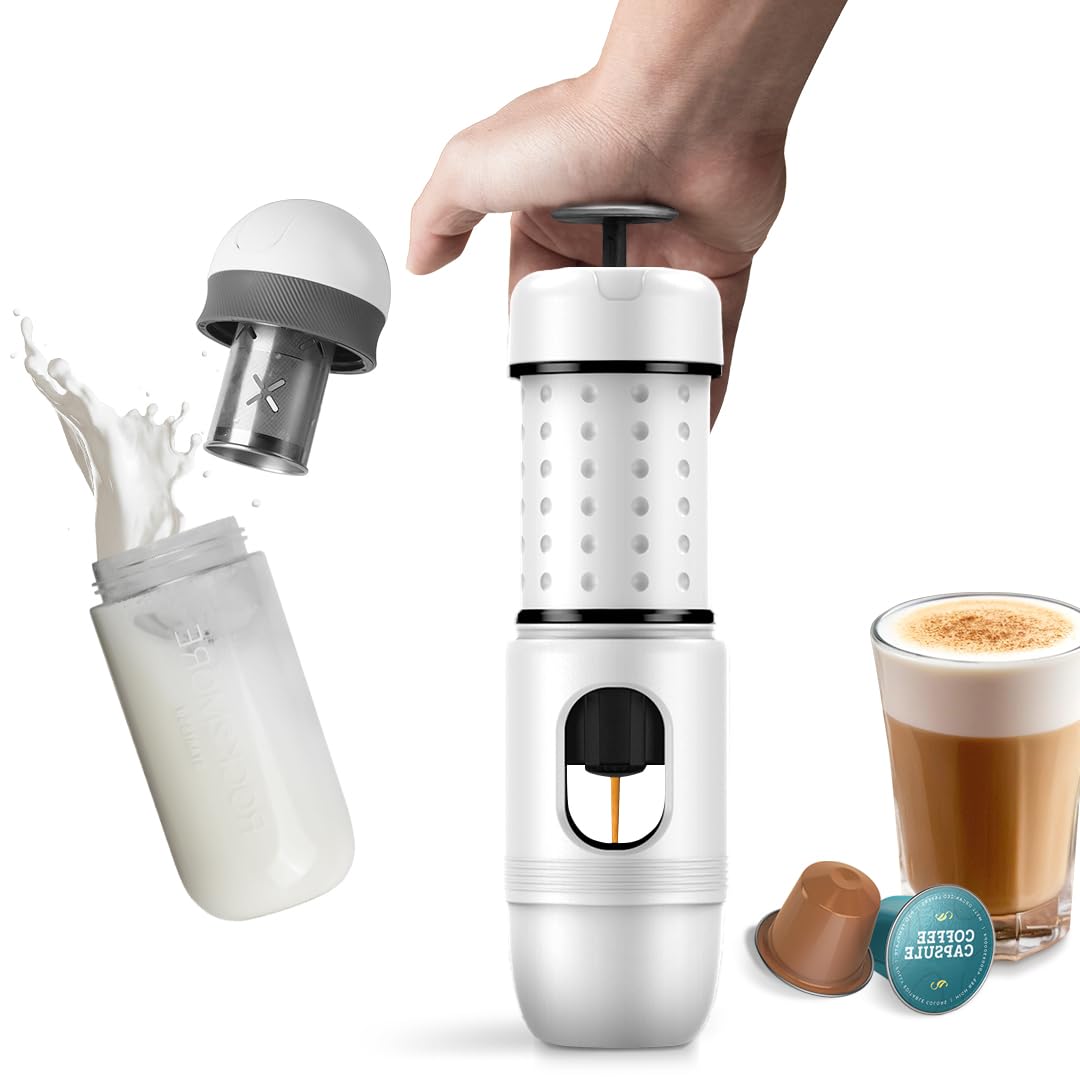 STARESSO MINI Portable Espresso Machine - 2-in-1 Travel Coffee Maker & Manual Milk Frother | Compatible with Nespresso Capsules & Ground Coffee | Perfect for Camping, Office & Home Use (White)