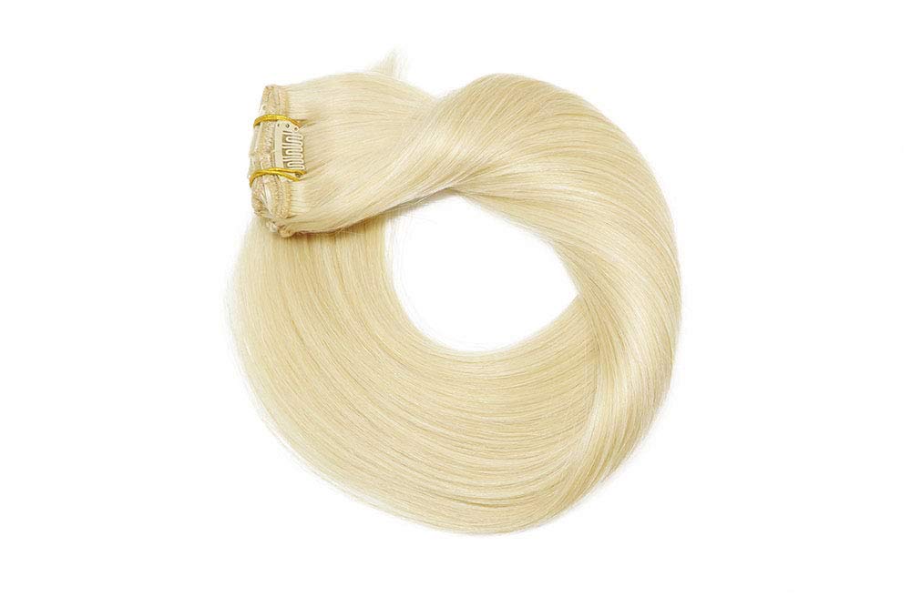 Platinum Blonde Clip-in Human Hair Extensions 9A Grade - 120g 7-Piece Double Weft Remy Hair - Silky Straight Hair Extensions for Women (22 Inches, #60 Blonde) - Perfect for Parties, Weddings & Daily Styling