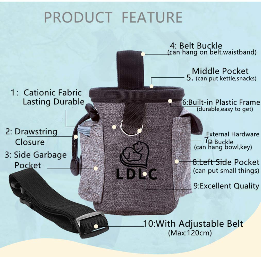 LDLC Dog Treat Pouch with Waist Clip - Pet Training & Hiking Snacks Holder (Light Grey)