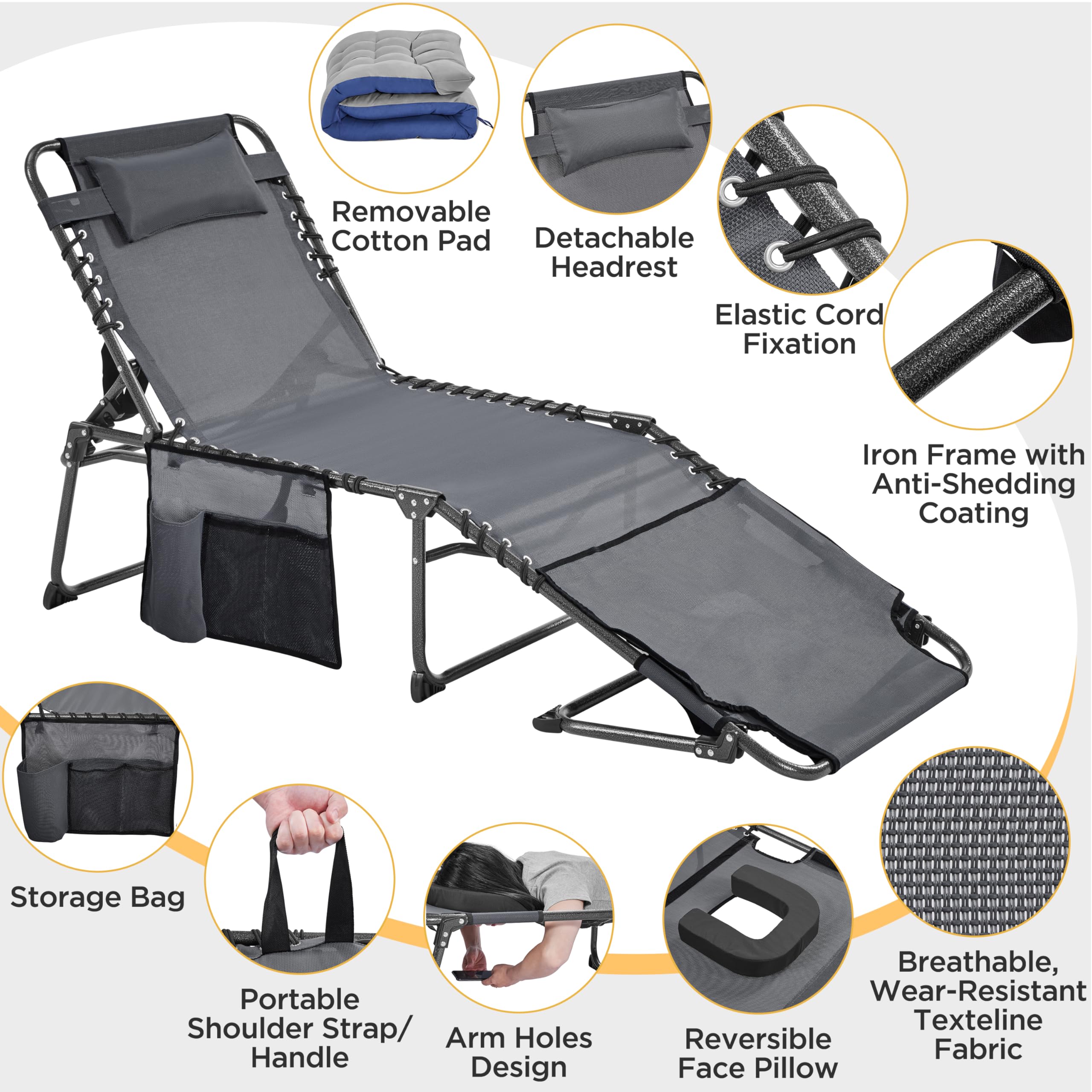 Yaheetech Outdoor Folding Tanning Chair - Portable Sun Lounger with Removable Padded Cushion & Face Hole, 5-Position Adjustable Chaise Lounge for Patio, Beach, Poolside, Backyard, Camping - Perfect for Sunbathing, Relaxation & Outdoor Leisure (Gray)