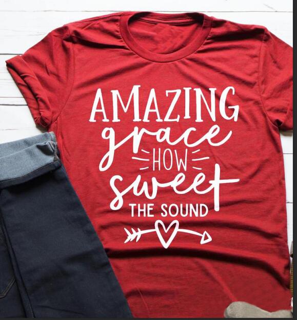 red tee white text