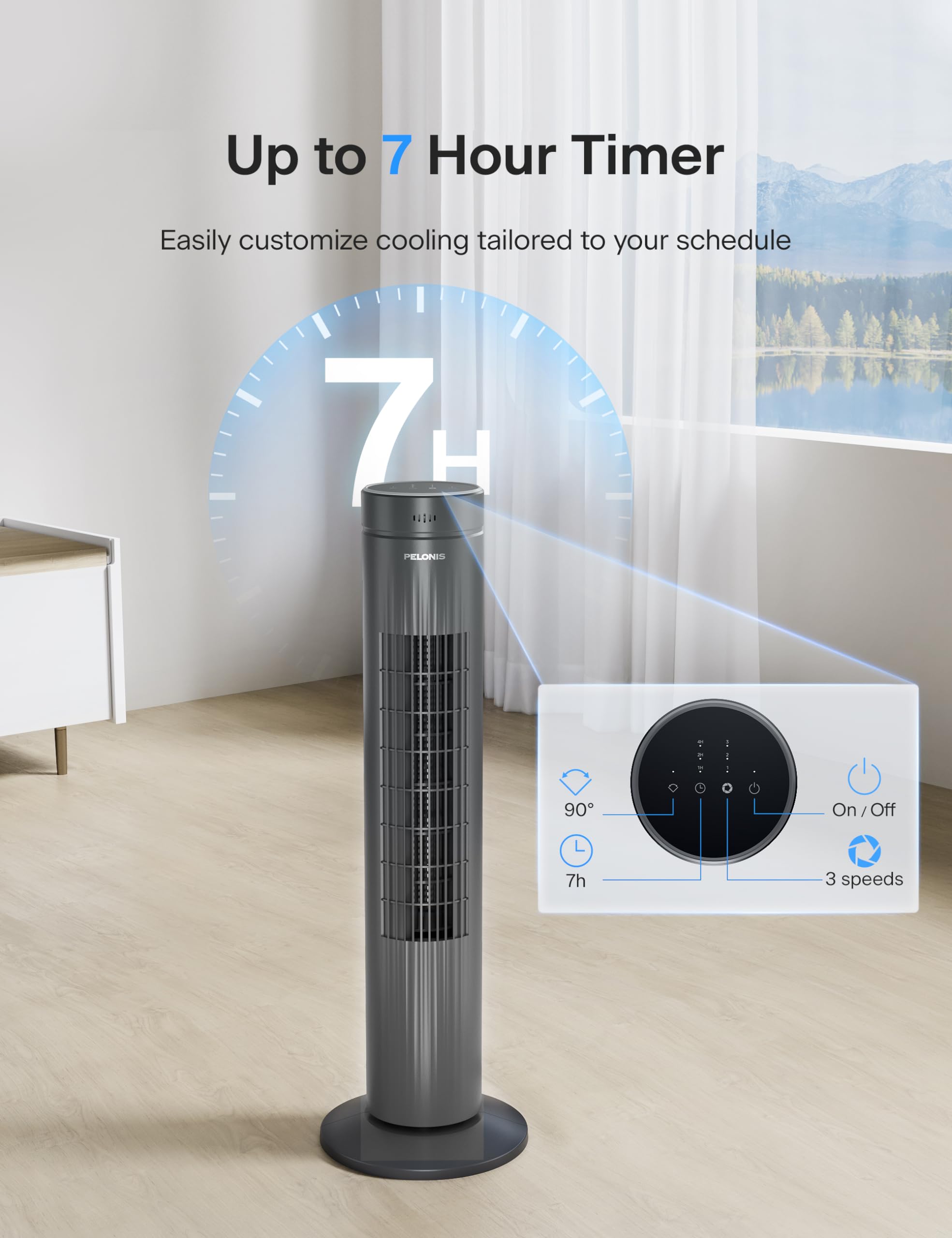 Pelonis 30-Inch Oscillating Tower Fan - 3 Speed Settings, Ultra Quiet 37dB, Remote Control & 7-Hour Timer - ETL Certified Grey Cooling Fan for Bedroom, Living Room, Office & Home Use