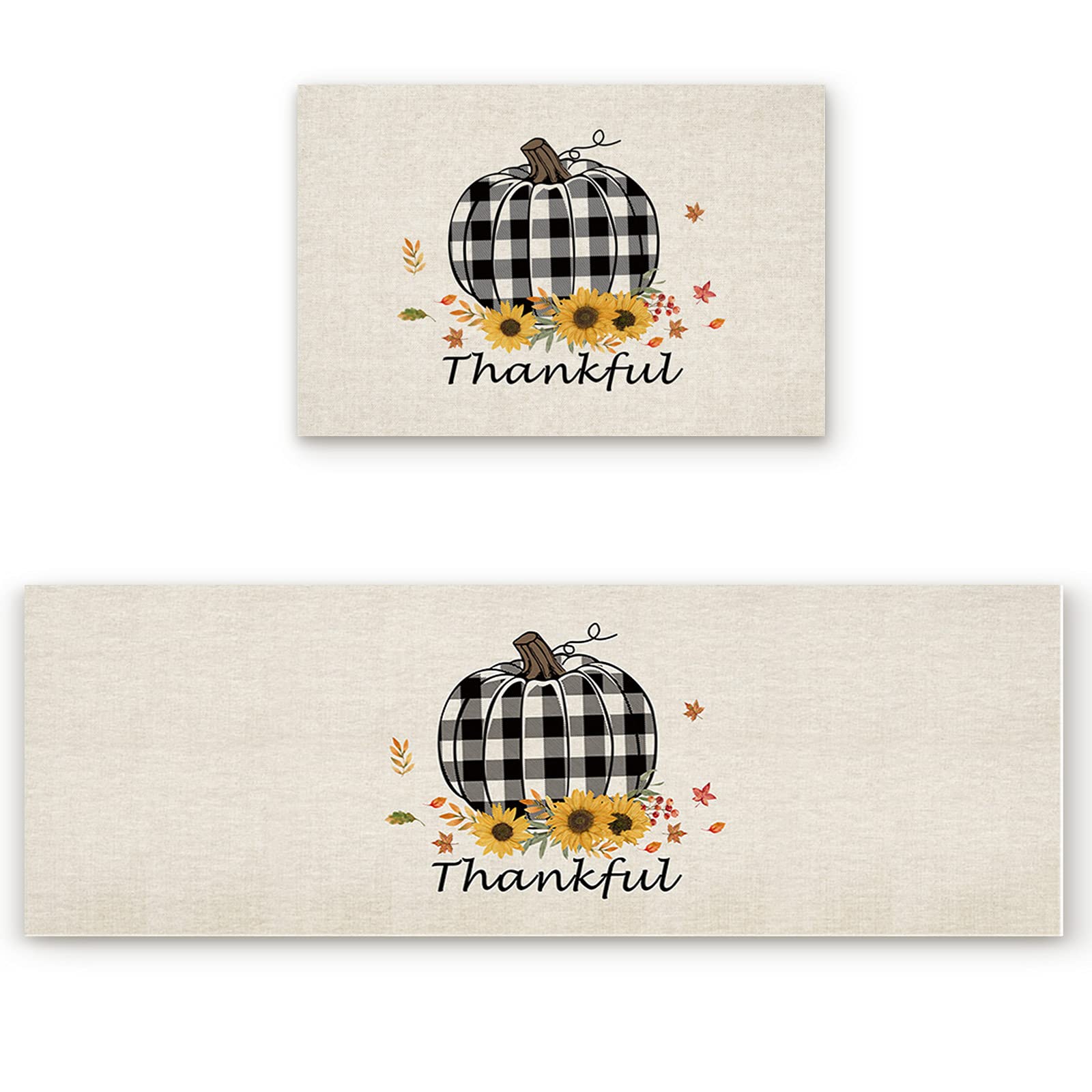 Non-Slip 2-Piece Kitchen Rug Pad Set - Cushioned Buffalo Plaid Doormat with Pumpkin & Sunflower Design, Black & White Floor Mat for Thanksgiving - Perfect for Kitchen, Living Room, Bedroom & Entryway Decor