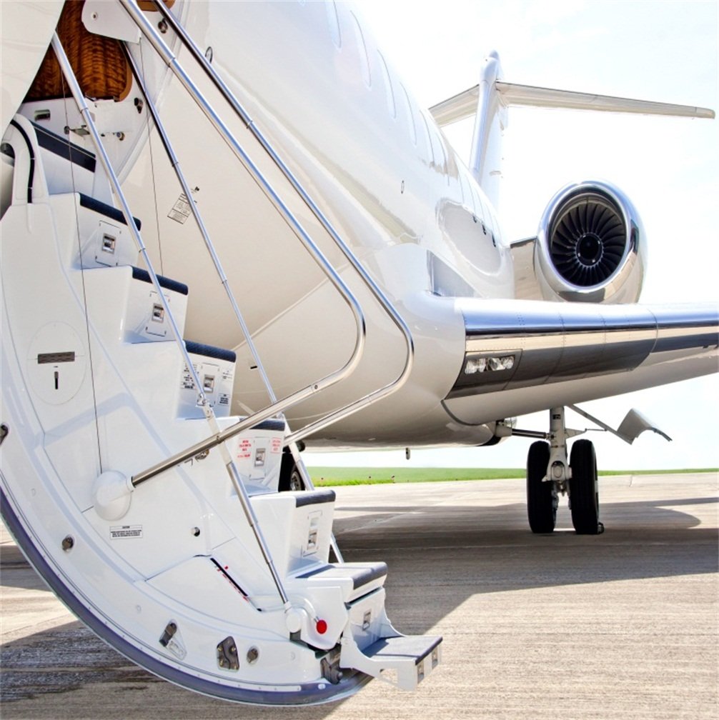 CSFOTO 8x8ft Airplane Backdrop with Jet Engine - White Private Jet Staircase Photo Background for Corporate Events, Business Travel & Aviation Photography - Perfect for Studio Props, Social Media Content & Advertising Campaigns