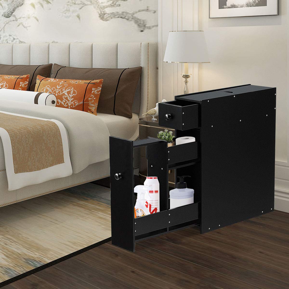 Slim Bathroom Storage Cabinet - Narrow Toilet Paper & Essentials Organizer for Small Spaces, Modern Bathroom Counter Cabinet & Nightstand for Bedroom, Living Room, Office - Space-Saving Storage Solution (Black) | Perfect for Apartments, Dorms & Compact Bathrooms