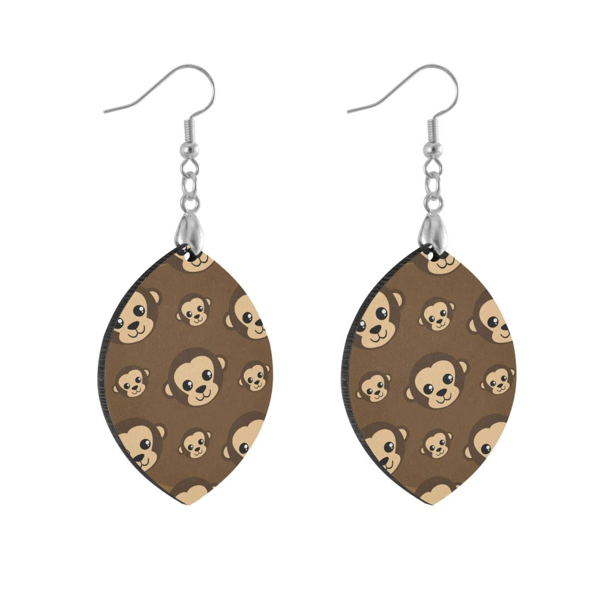 Lightweight Wooden Teardrop Dangle Earrings for Women - Round Leaf & Cute Monkey Cork Print Drop Earrings (1 Pair) | Boho Chic Jewelry for Casual Wear, Parties & Gifts