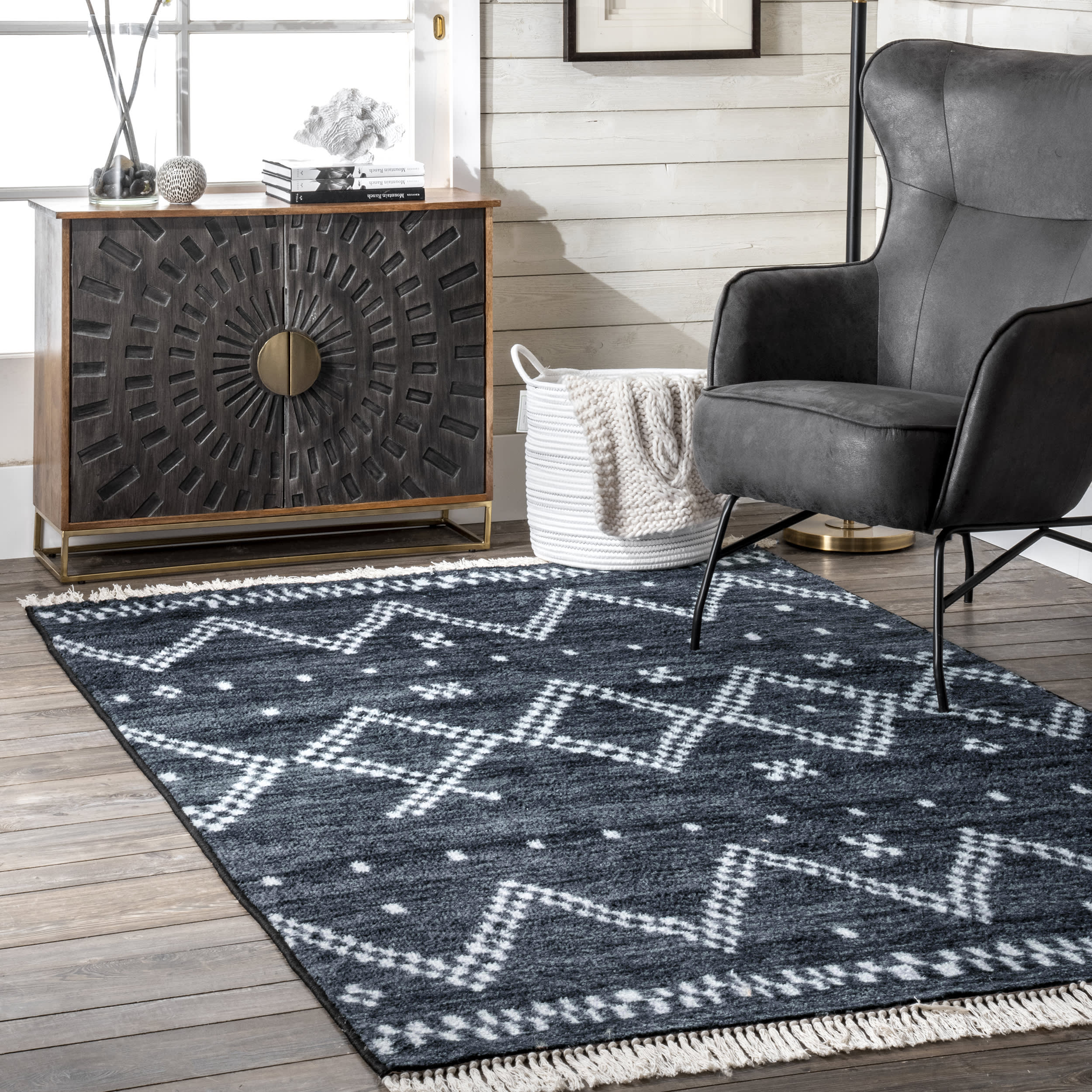Stylish Checkered Moroccan Tassel Non-Slip Area Rug in Navy Blue - Perfect for Living Room, Bedroom, or Entryway Decor
