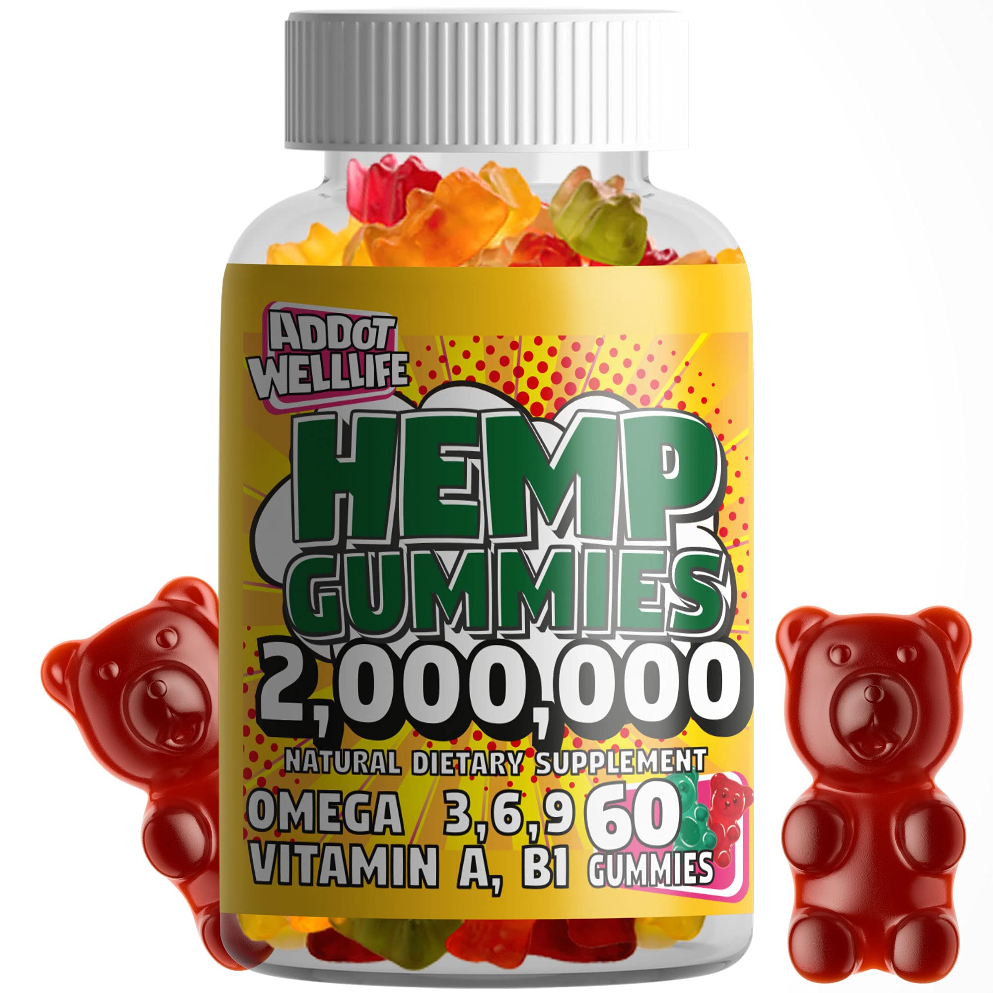 ADDOT Welllife High Potency Hemp Gummies 20X - 60 Count Natural Hemp Oil Gummy Supplement for Stress Relief & Sleep Support | Vegan, Non-GMO | Perfect for Relaxation & Wellness Routines