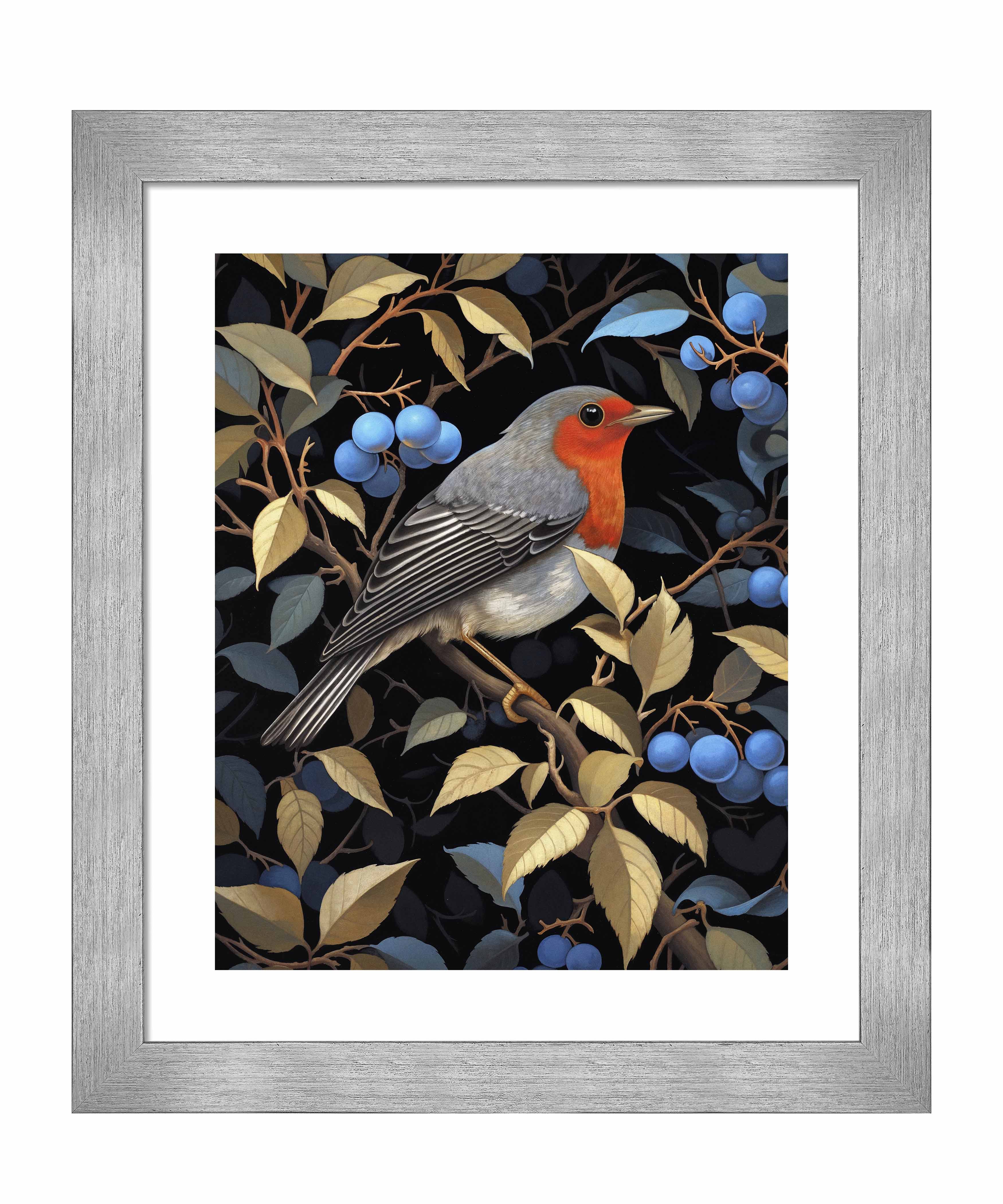 Crimson Song Robin Among Blueberries Wall Art Print - Beautiful Bird Painting for Home Decor, Living Room, Bedroom & Office