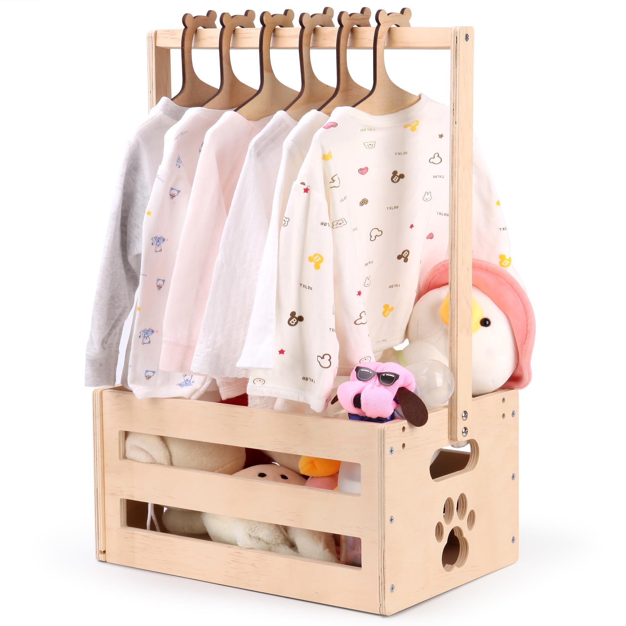 Wooden Baby Shower Gift Crate - Personalized Baby Storage Basket with Handle & 6 Teddy Bear Hangers - Perfect Baby Welcome Gift for New Parents & Pregnancy Announcements - Nursery Organization & Baby Closet Storage Solution