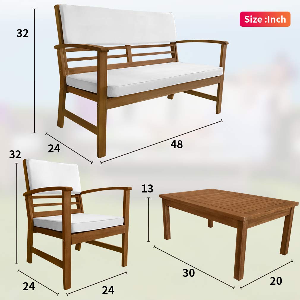 4-Piece Acacia Wood Outdoor Patio Conversation Set with Water Resistant Cushions & Coffee Table - Perfect for Poolside, Beach, Backyard, Balcony & Garden Relaxation