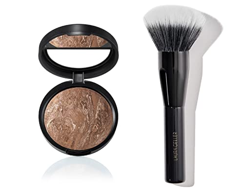 LAURA GELLER Dermatologist Approved Baked Bronze-N-Brighten Bronzer Powder - Deep Shade with Full Face Powder Makeup Brush for Even Application & Blending | Natural Sun-Kissed Glow for All-Day Wear | Perfect for Contouring, Highlighting & Everyday Makeup