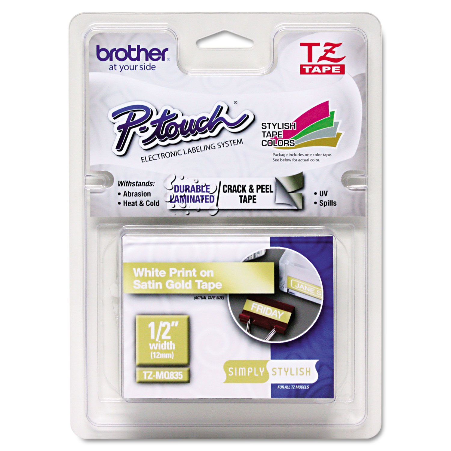 Brother TZMQ835 Satin Gold Label Tape - White Text on Gold, Perfect for Office Labeling, Home Organization & Craft Projects