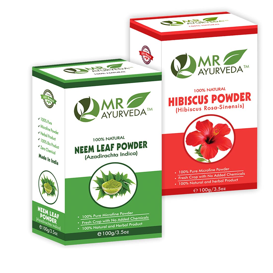 MR Ayurveda 100% Pure Neem Powder & Hibiscus Powder Combo Pack - 100g Each | Organic Herbal Hair & Skin Care | For DIY Face Masks, Hair Treatments & Natural Remedies