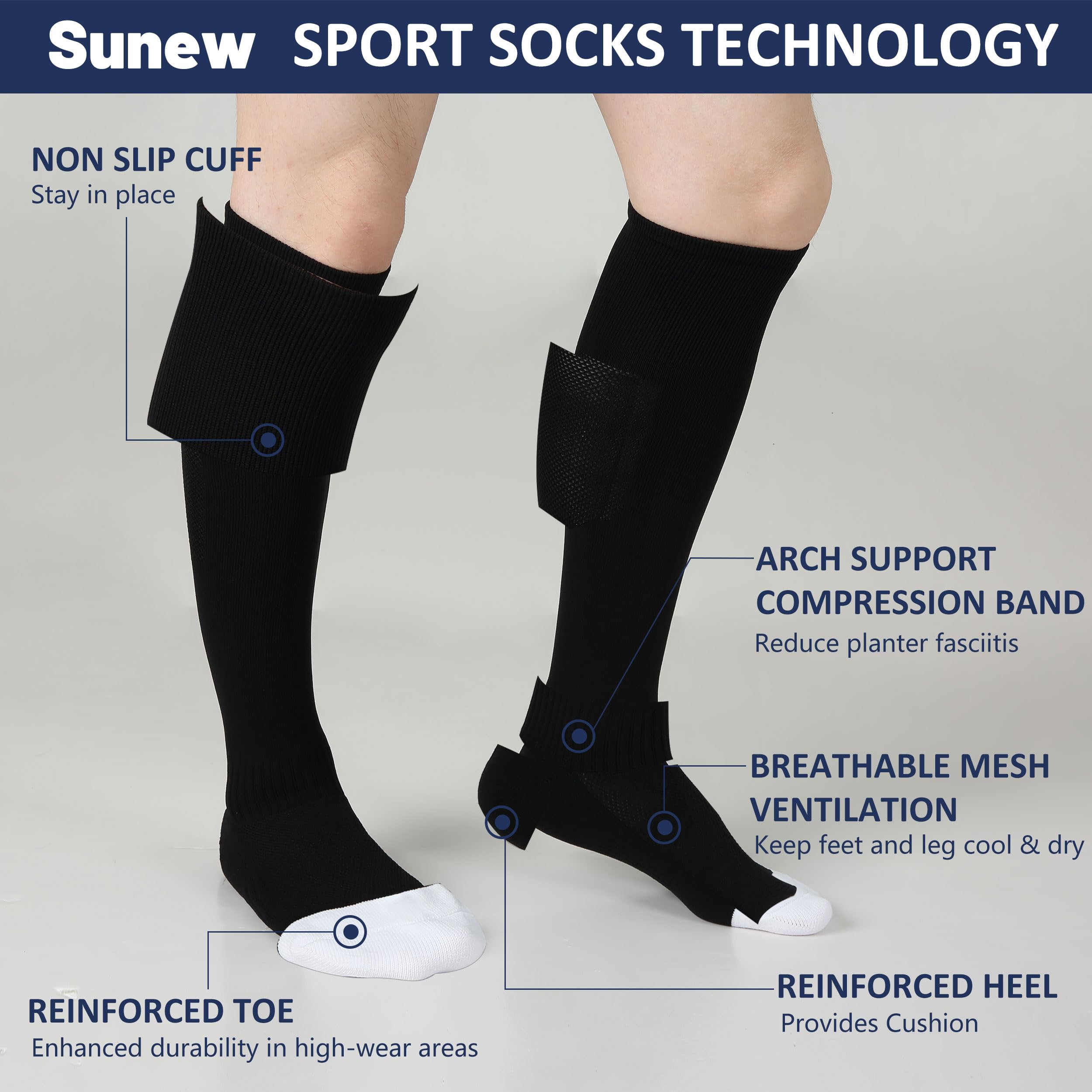Sunew Soccer Baseball Socks 2/3 Pack - Breathable Athletic Socks for Men, Women & Youth - Multi-Sport Socks for Football, Softball, Volleyball - Comfortable Sports Socks for Training & Games (4 Sizes)