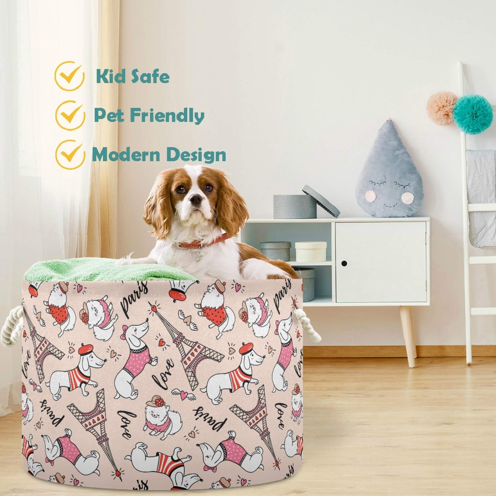 Visesunny Collapsible Large Capacity Storage Basket - Paris Eiffel Tower Design Dog Clothes & Toy Organizer with Durable Cotton Handles | Perfect for Bathroom, Bedroom, Nursery, Laundry & Closet Organization | Space-Saving Home Decor Solution for Pet Lovers