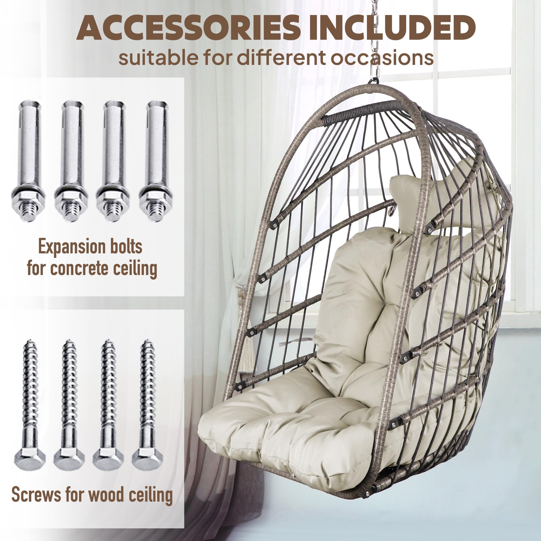 Chihee Foldable Wicker Egg Hanging Chair - Indoor Outdoor Rattan Swing Chair with Stainless Steel Hanging Kit & UV-Resistant Cushion - Perfect for Patio, Balcony, Bedroom, and Garden Relaxation
