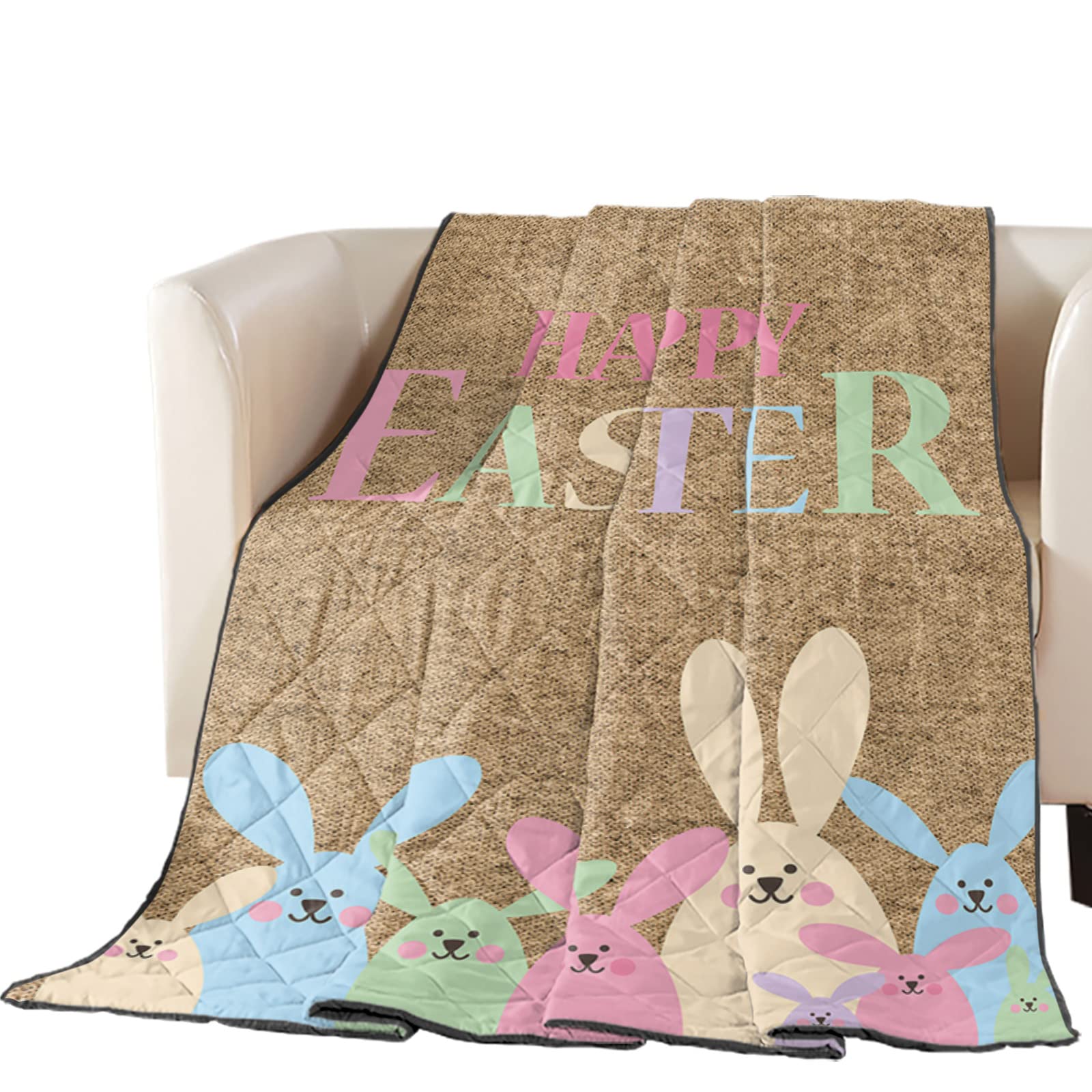 EZON-CH Oversized King Quilt - Soft Reversible Comforter for Kids & Adults | Easter Bunny Print Retro Texture All-Season Duvet Cover | Lightweight Bedspread for Bedroom, Couch & Nursery Decor