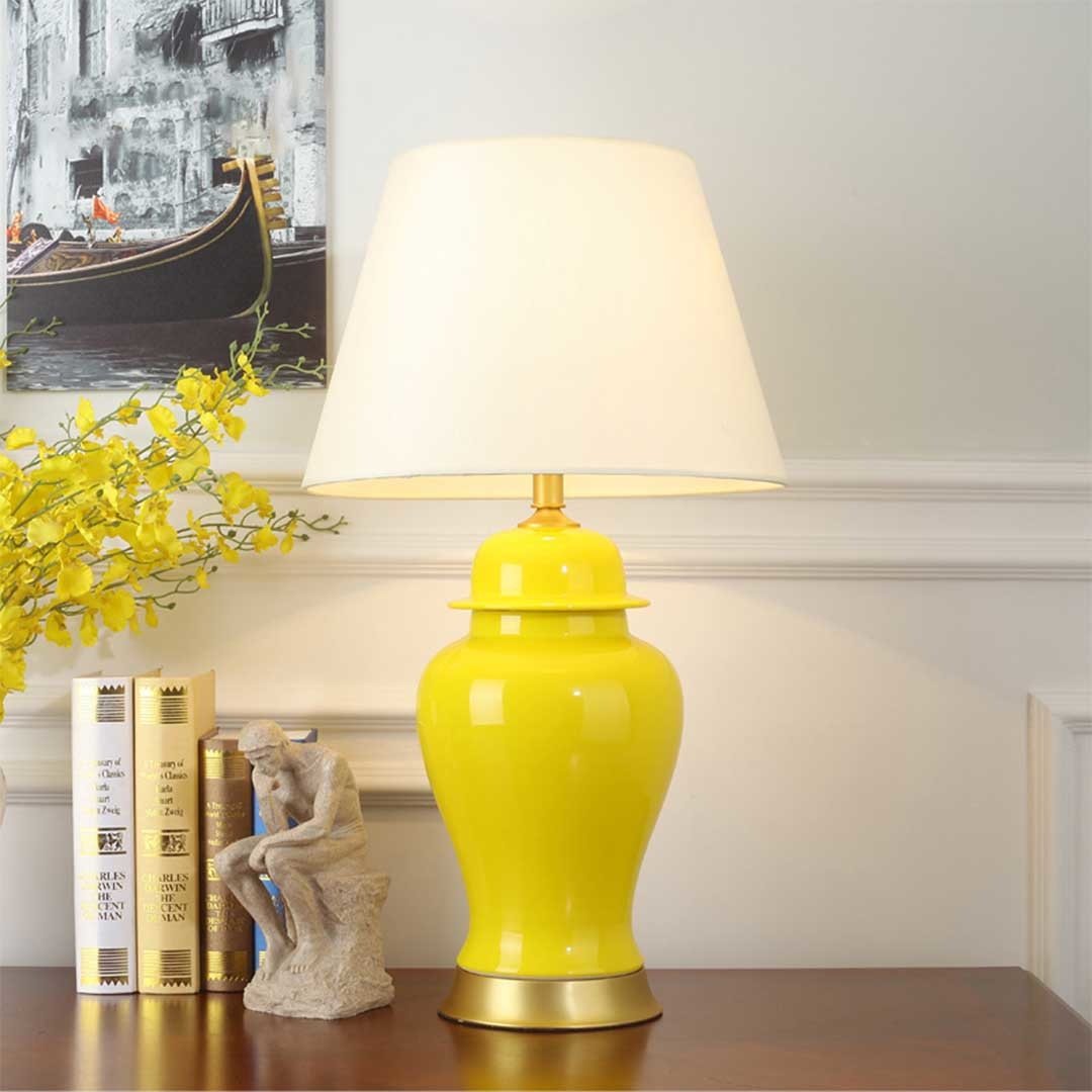 2X Oval Ceramic Table Lamp with Gold Metal Base - Modern Desk Lamp in Yellow for Bedroom, Living Room & Office Decor