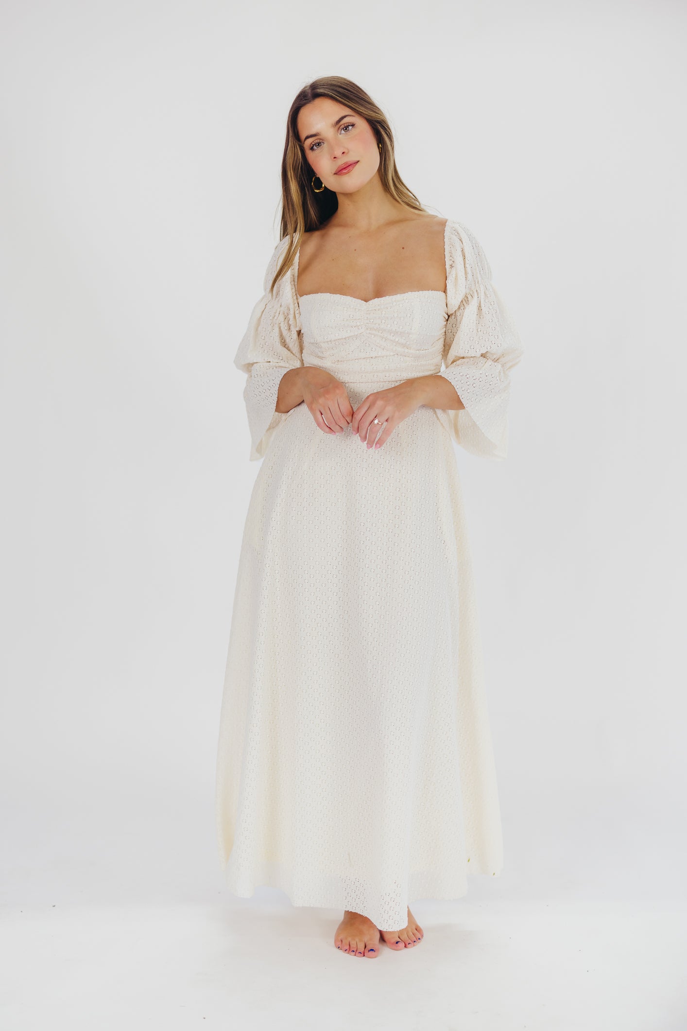 Corrine Tiered Sleeve Maxi Dress with Pockets - Ivory Cream Maternity Dress for Pregnancy | Perfect for Baby Showers, Beach Vacations & Summer Weddings