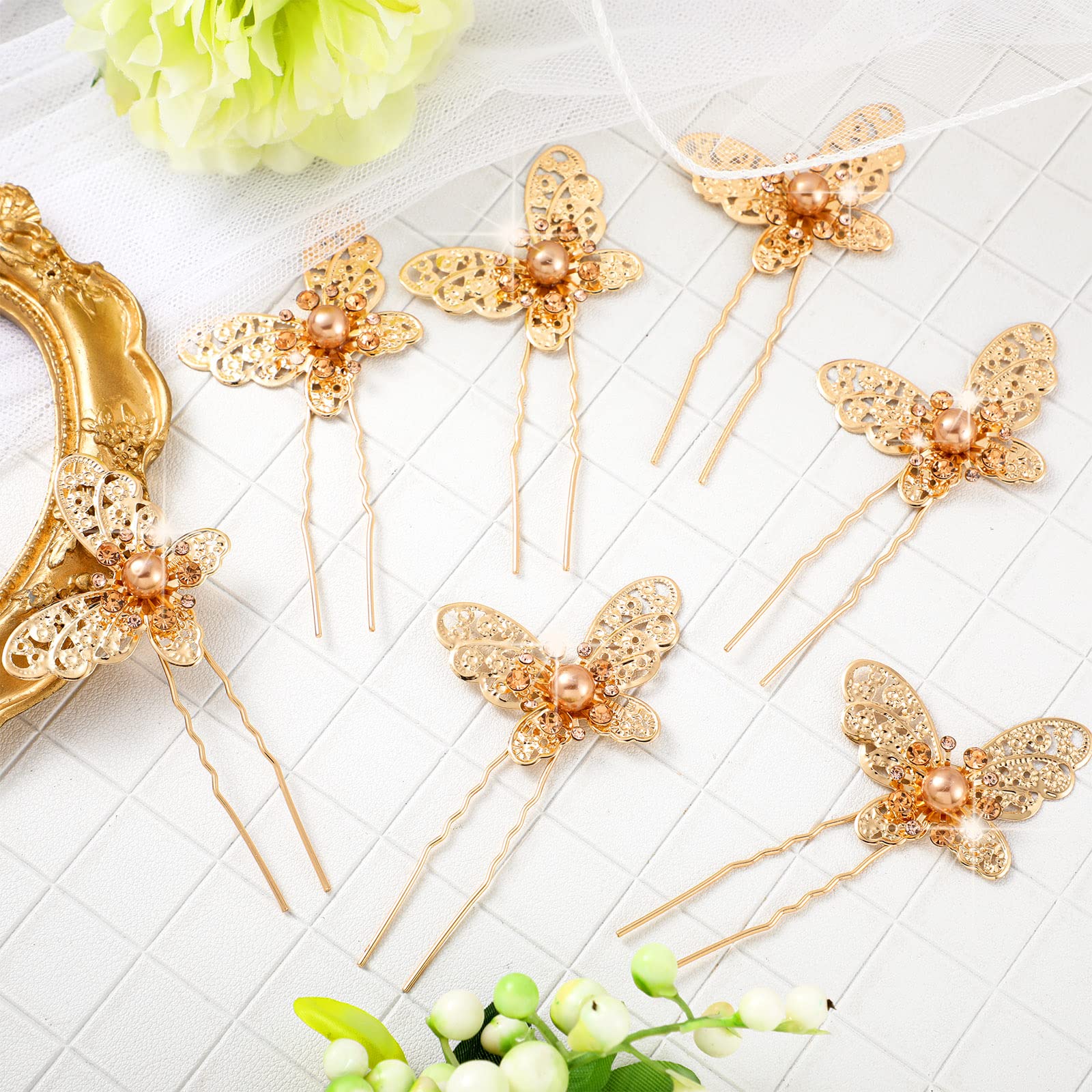 12PCS Crystal Pearl Butterfly Hair Clips - Gold Bridal Hair Pins for Women, Wedding Headpiece Accessories | Perfect for Bridal Shower, Prom, Party & Special Occasions