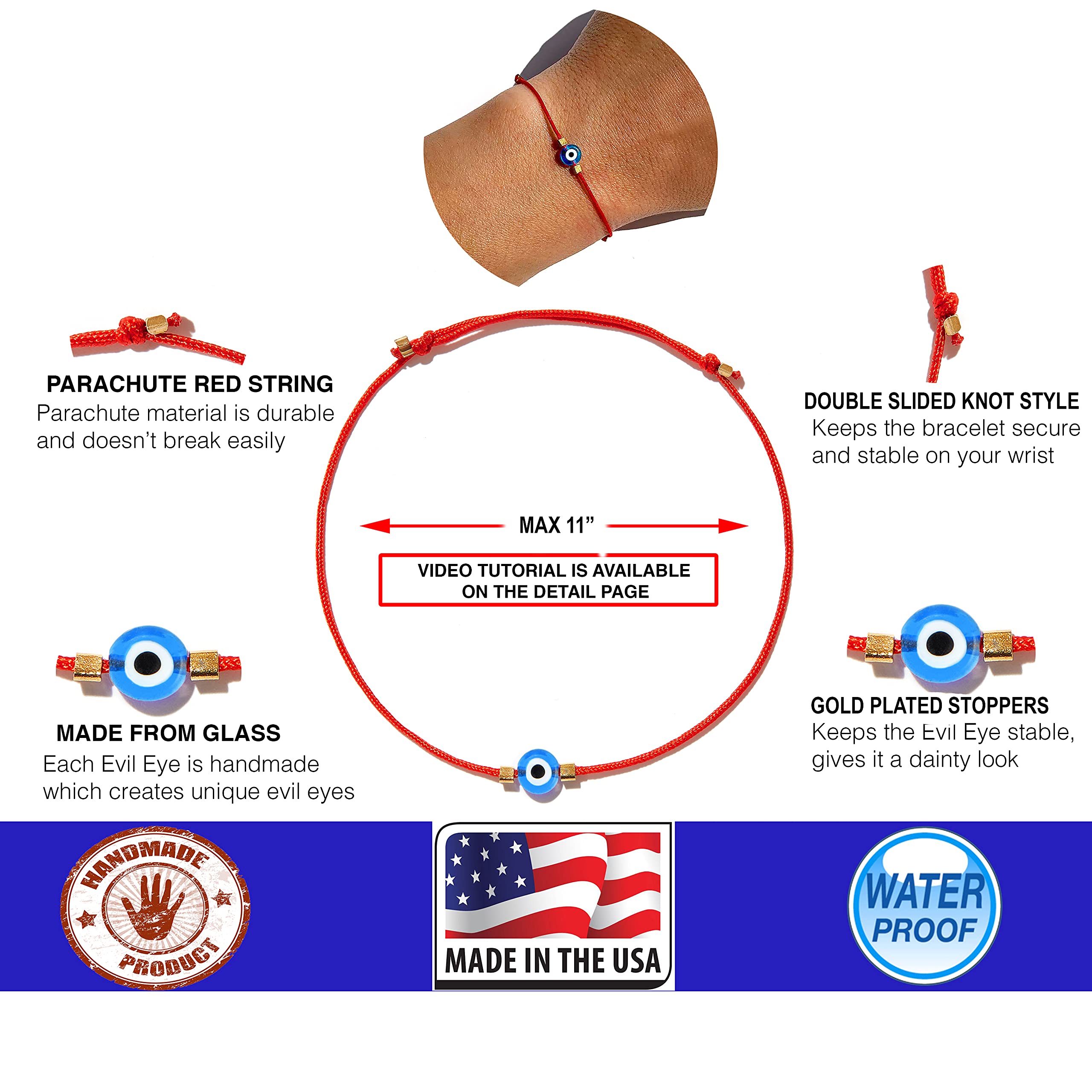 Evil Eye Bracelet with Red String - Kabbalah Protection Handmade Adjustable Bracelet for Women & Men | Spiritual Jewelry for Good Luck & Positive Energy | Perfect for Daily Wear, Gifts & Meditation