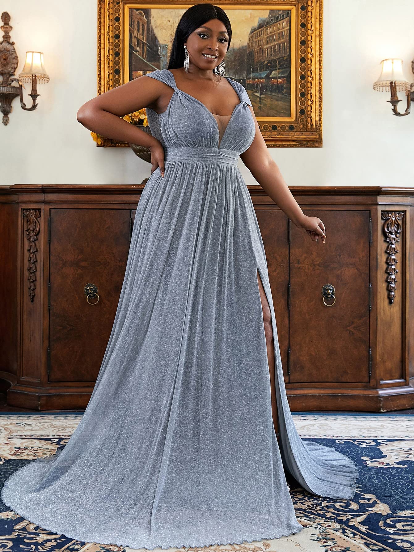 Plus Size Women's Vintage Floral Print Maxi Dress with Twist Front Mesh Panel & Ruched Thigh Split - Dusty Blue X-Large - Perfect for Summer Casual Wear & Formal Occasions