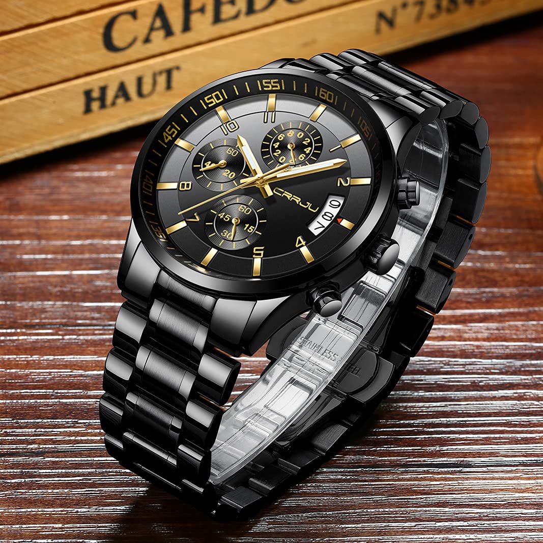 CRRJU Men's Stainless Steel Waterproof Watch - Date Chronograph for Outdoor & Business