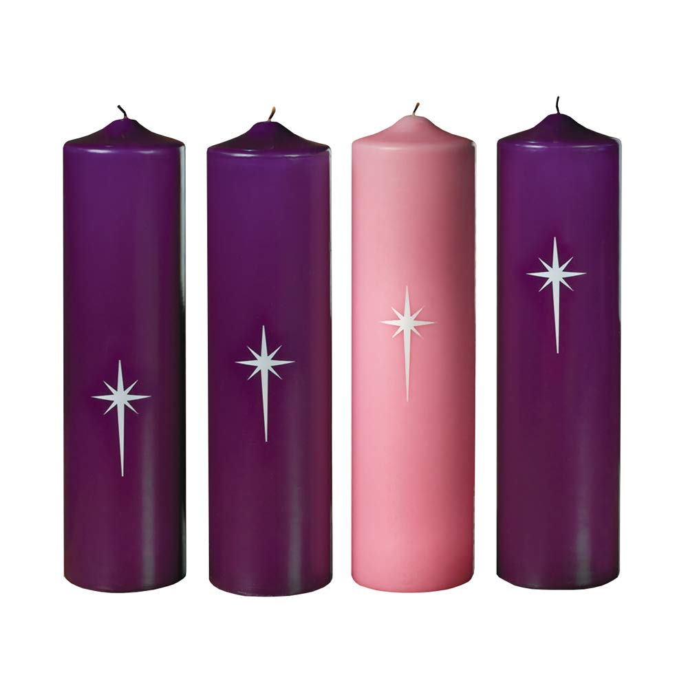 Will & Baumer - Set of 4 Pink and Purple 12-Inch Advent Candles with Star of Bethlehem Design for Christmas Decorations, Church Services & Holiday Home Décor
