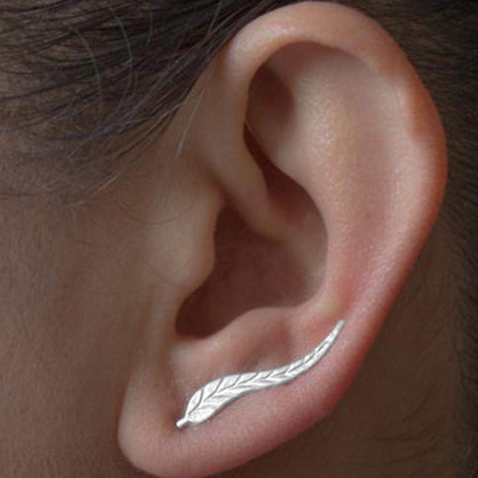 TseenYi Leaf Ear Climber Earrings - Tiny Silver Studs, Charm Crawler Ear Cuffs for Women & Girls | Elegant Everyday Wear & Party Jewelry
