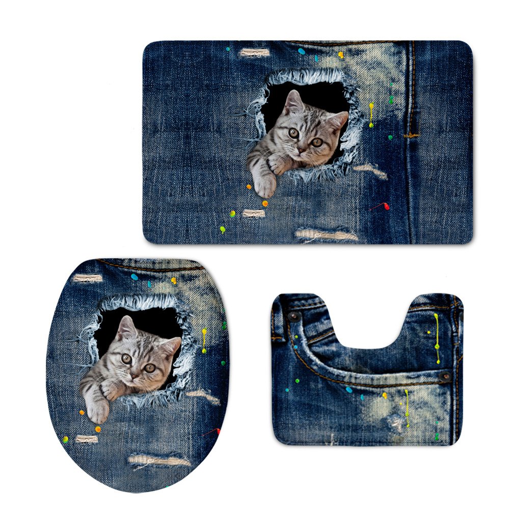 UNICEU 3Pcs Non-Slip Bath Mats for Cats - Soft Flannel Bathroom Carpet & Toilet Lid Covers for American Shorthair - Waterproof Pet Bath Accessories for Home Decor and Safety
