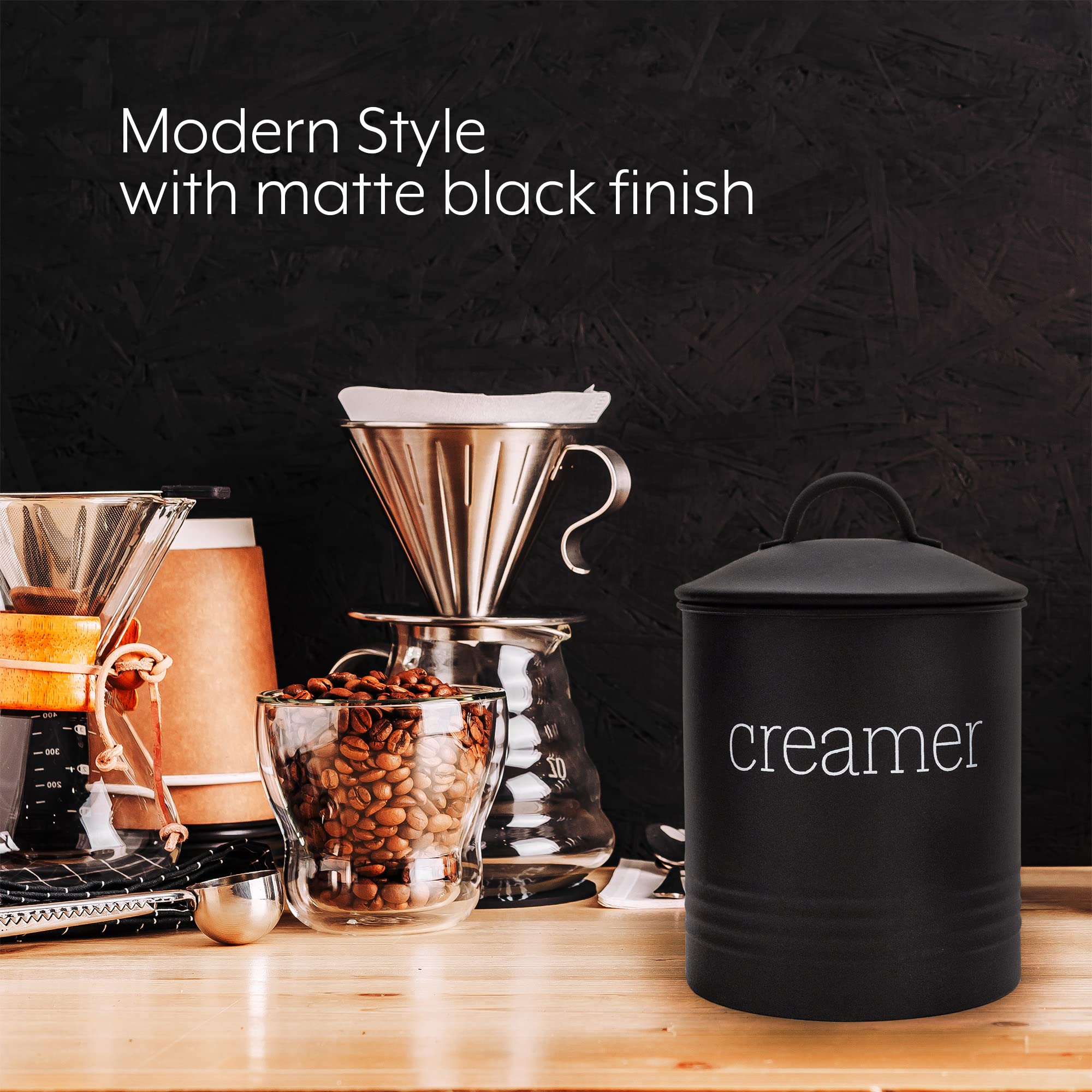 AuldHome Farmhouse Style Metal Creamer Canister - Black Coffee Storage Container for Kitchen Countertop | Perfect for Coffee, Tea, Sugar & Dry Food Organization