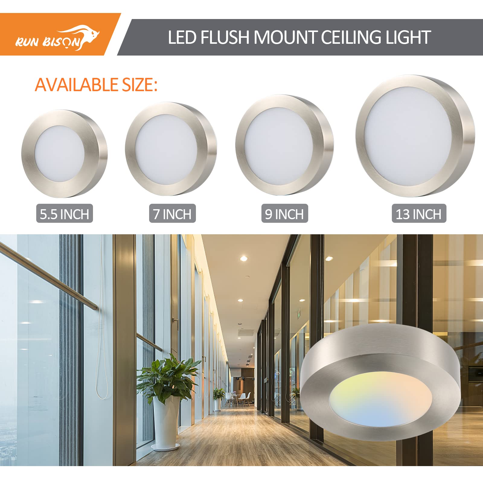 9 Inch LED Flush Mount Round Ceiling Light - 60W Equivalent, CCT Selectable (2700K-5000K), CRI 90+, Dimmable, Damp Rated, ETL Certified, Brush Nickel Finish - 4 Pack - Perfect for Bedrooms, Kitchens, Hallways, and Commercial Spaces