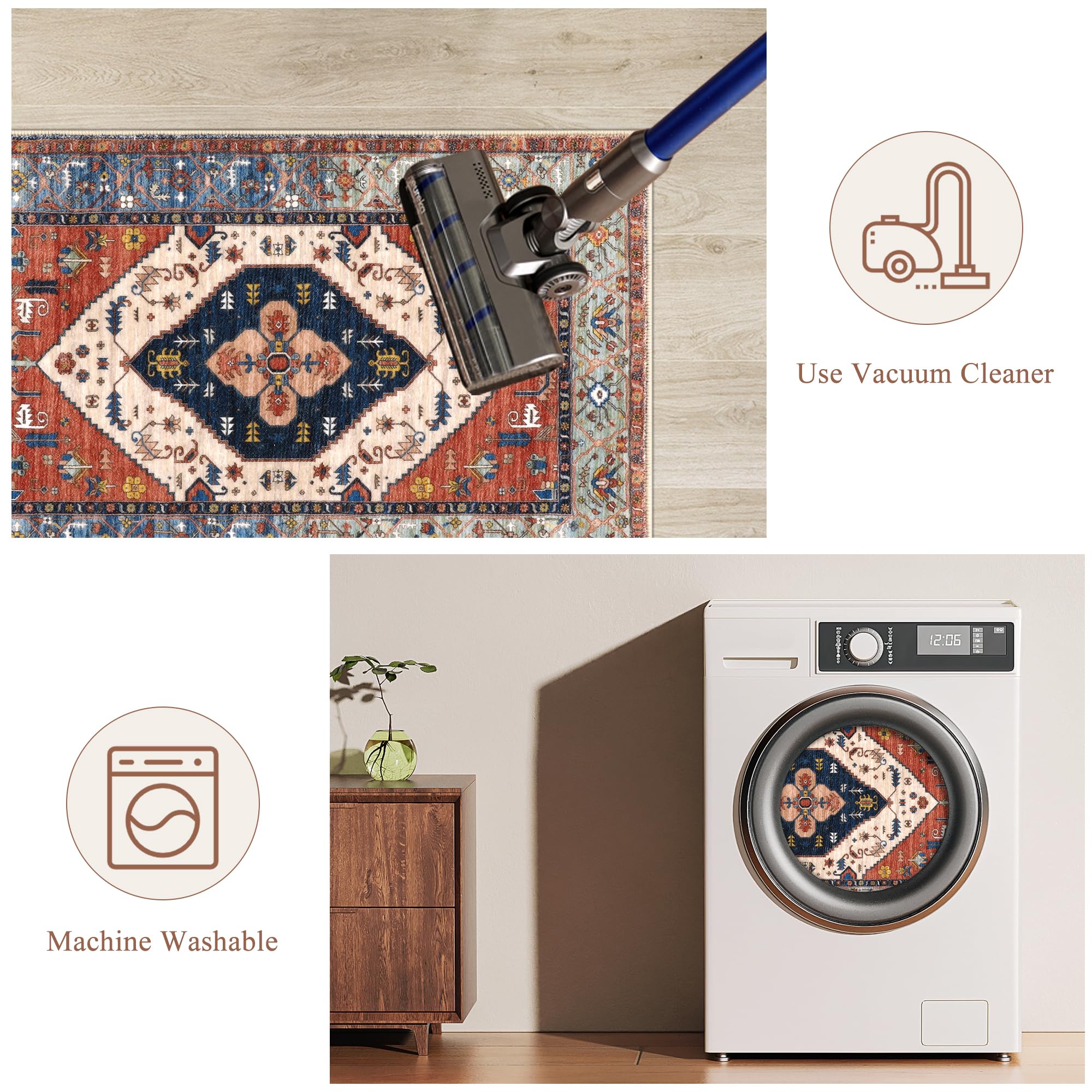 Pauwer Non-Slip Washable Kitchen Rugs Set of 3 - Farmhouse Boho Style Floor Mats for Kitchen, Sink, Hallway & Laundry Room | Rust Color | Perfect for High-Traffic Areas & Spill-Prone Spaces