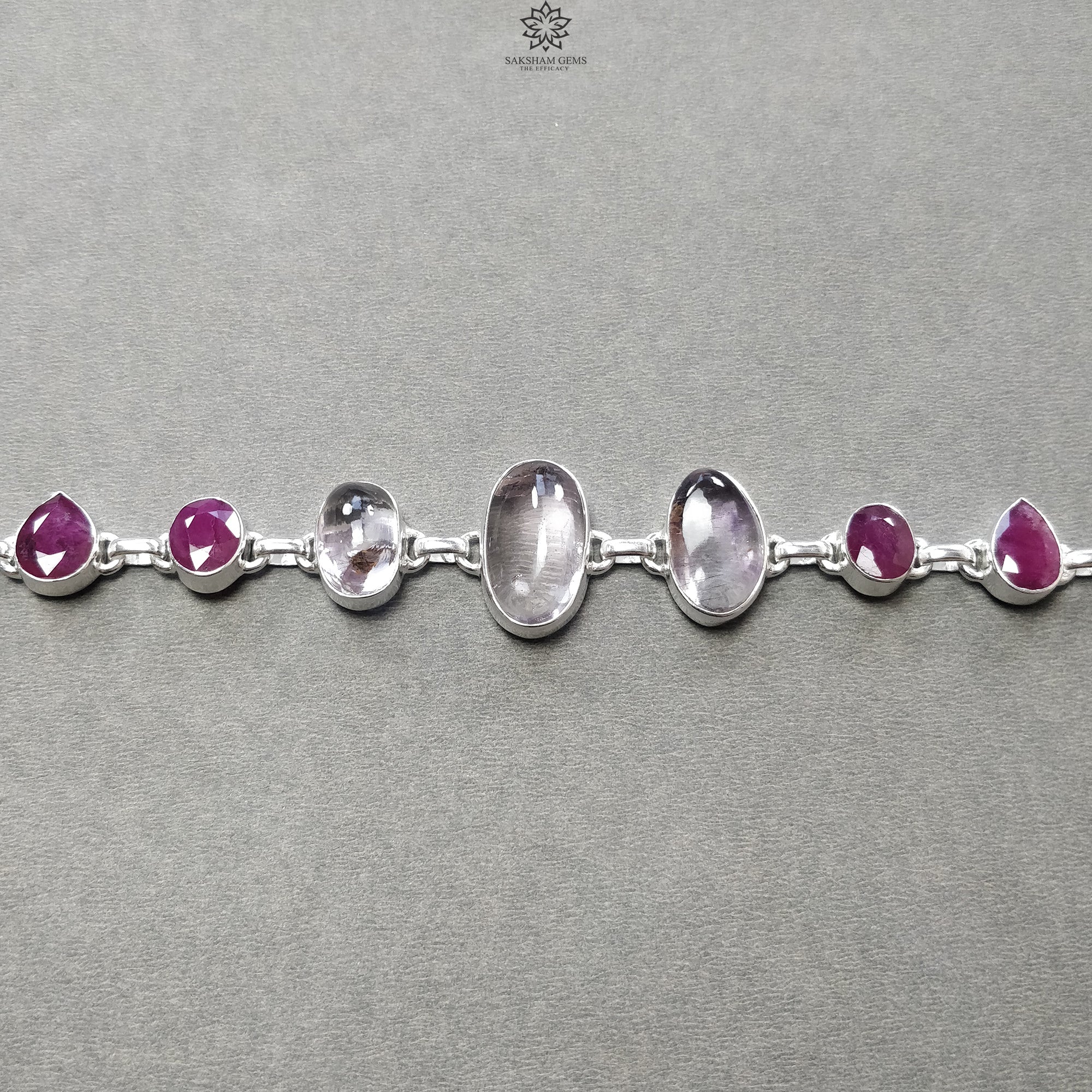 925 Sterling Silver Bracelet with Natural Purple Amethyst & Glass-Filled Red Ruby Gemstones - Rhodium Plated Bezel Set Bracelet (8