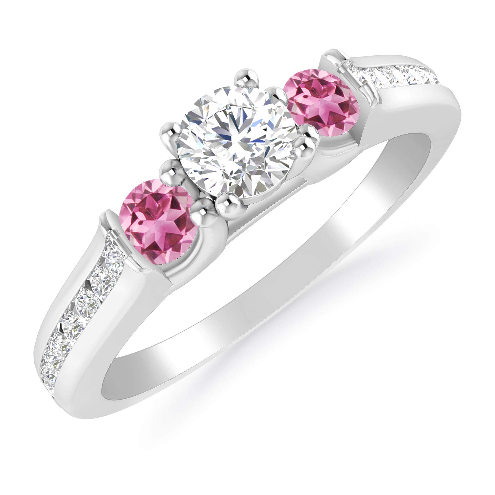 Inspereza 10K Gold 1/2 Carat Round Diamond & Pink Tourmaline Three Stone Engagement Ring | Size 5-8, H-I Color, I2-I3 Clarity | Perfect for Wedding Proposals, Anniversaries & Romantic Gifts