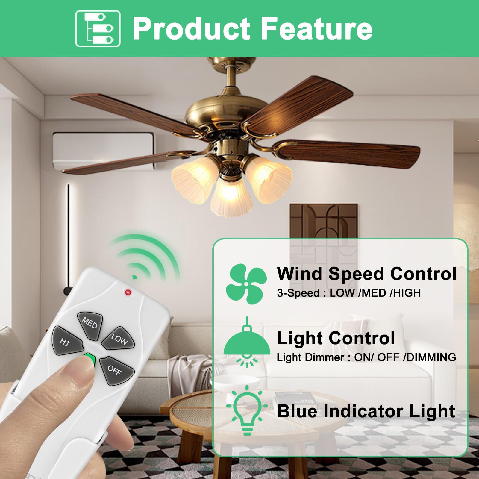 Universal Ceiling Fan Remote Control Kit - 3 Speed & Light Dimmer, UL Listed, Compatible with Hunter Hampton Bay Harbor Breeze & Most Pull Chain Ceiling Fans - Perfect for Bedroom, Living Room & Home Office Upgrade