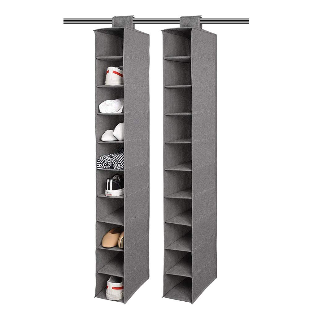 Aoolife 10-Shelf Hanging Shoe Organizer with Foldable Design - Space-Saving Closet Storage for Shoes, Handbags, Hats & Accessories (Grey, 2-Pack) - Perfect for Bedroom, Closet, Entryway & Small Space Organization