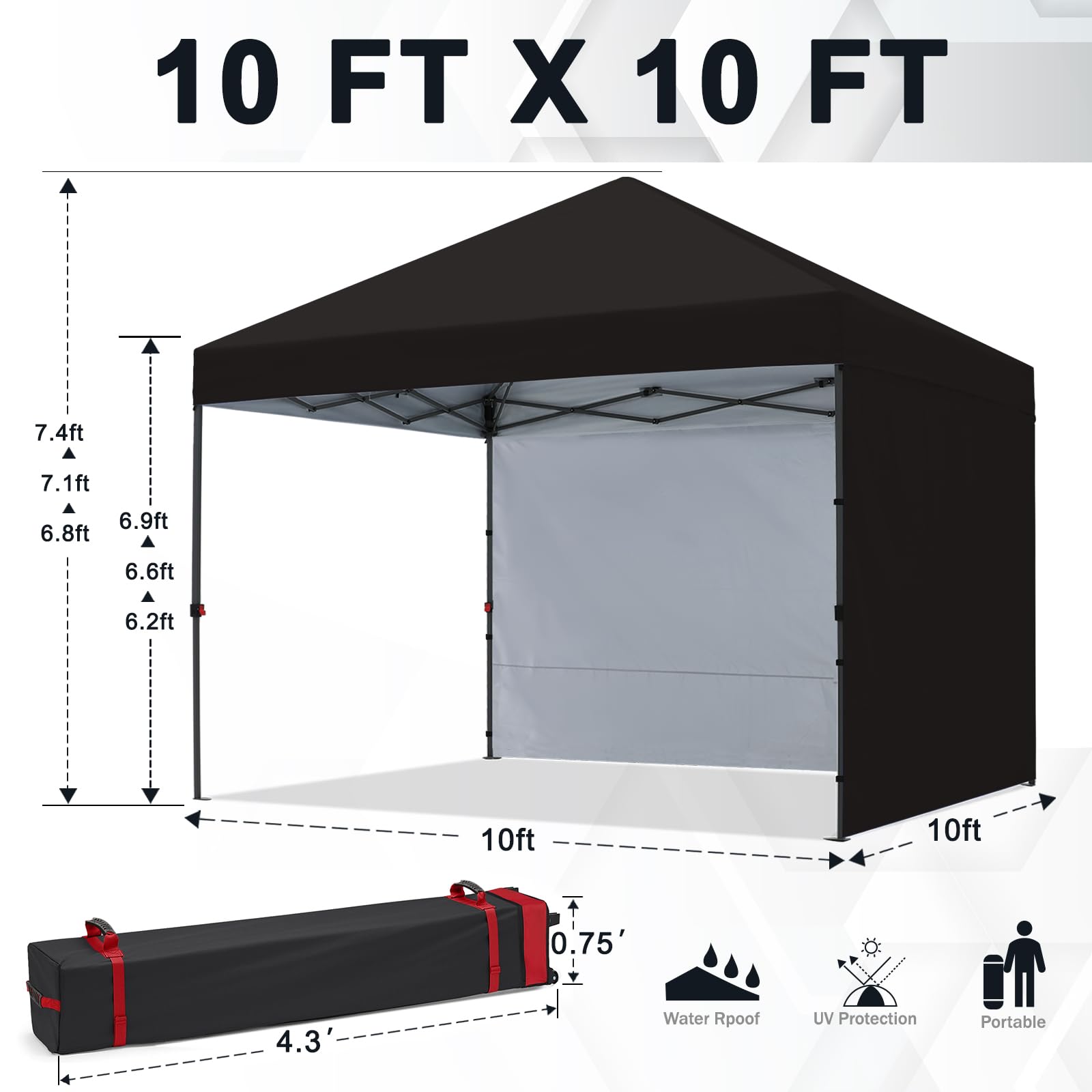 COOSHADE 10x10 Pop Up Canopy Tent with 2 Sidewalls - Instant Outdoor Shade Shelter for Camping, Beach, Picnics & Backyard Parties (Black)