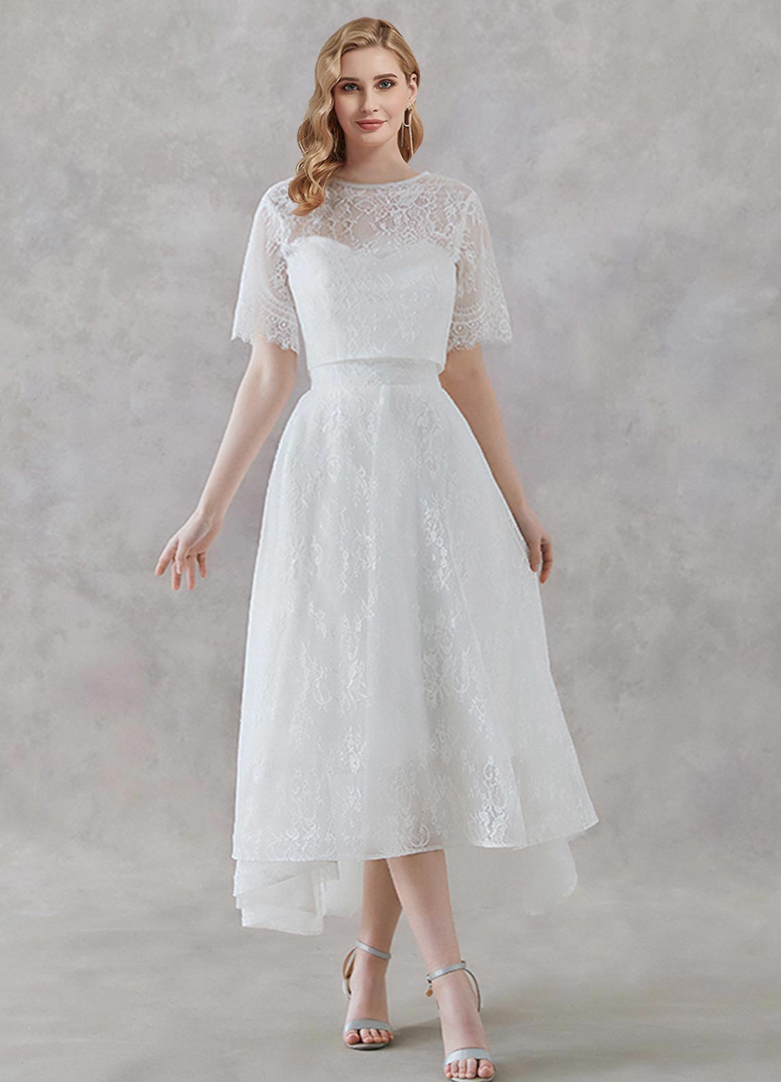 Elegant A-Line Scoop Neck Tea-Length Lace Wedding Dress - Convertible 2-in-1 Bridal Gown for Ceremony & Reception | Perfect for Beach Weddings, Garden Parties & Vow Renewals