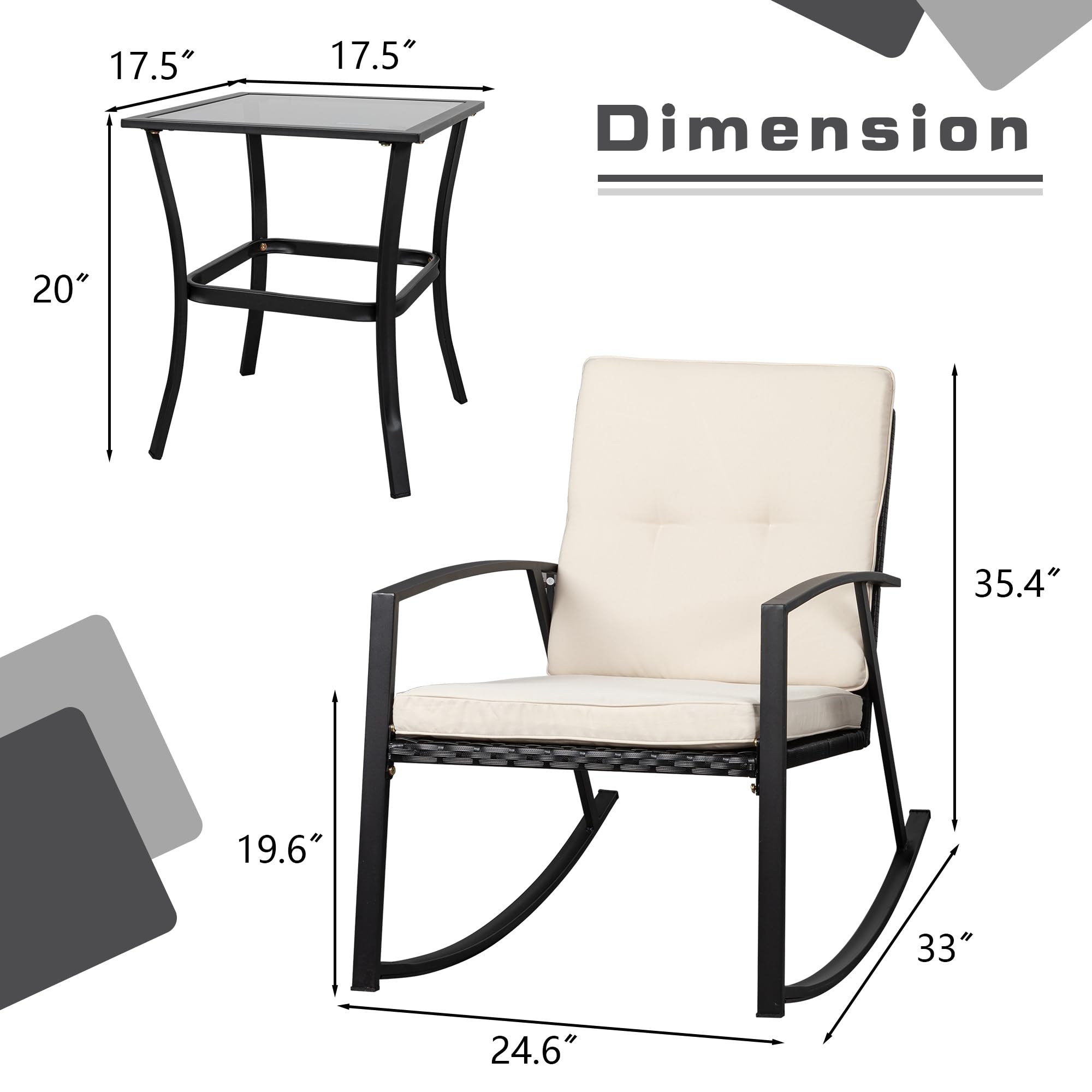 Shintenchi 3-Piece Wicker Rocking Bistro Set - 2 Rattan Porch Chairs with Glass Coffee Table, Beige Outdoor Patio Furniture for Garden, Deck, Poolside & Backyard Relaxation